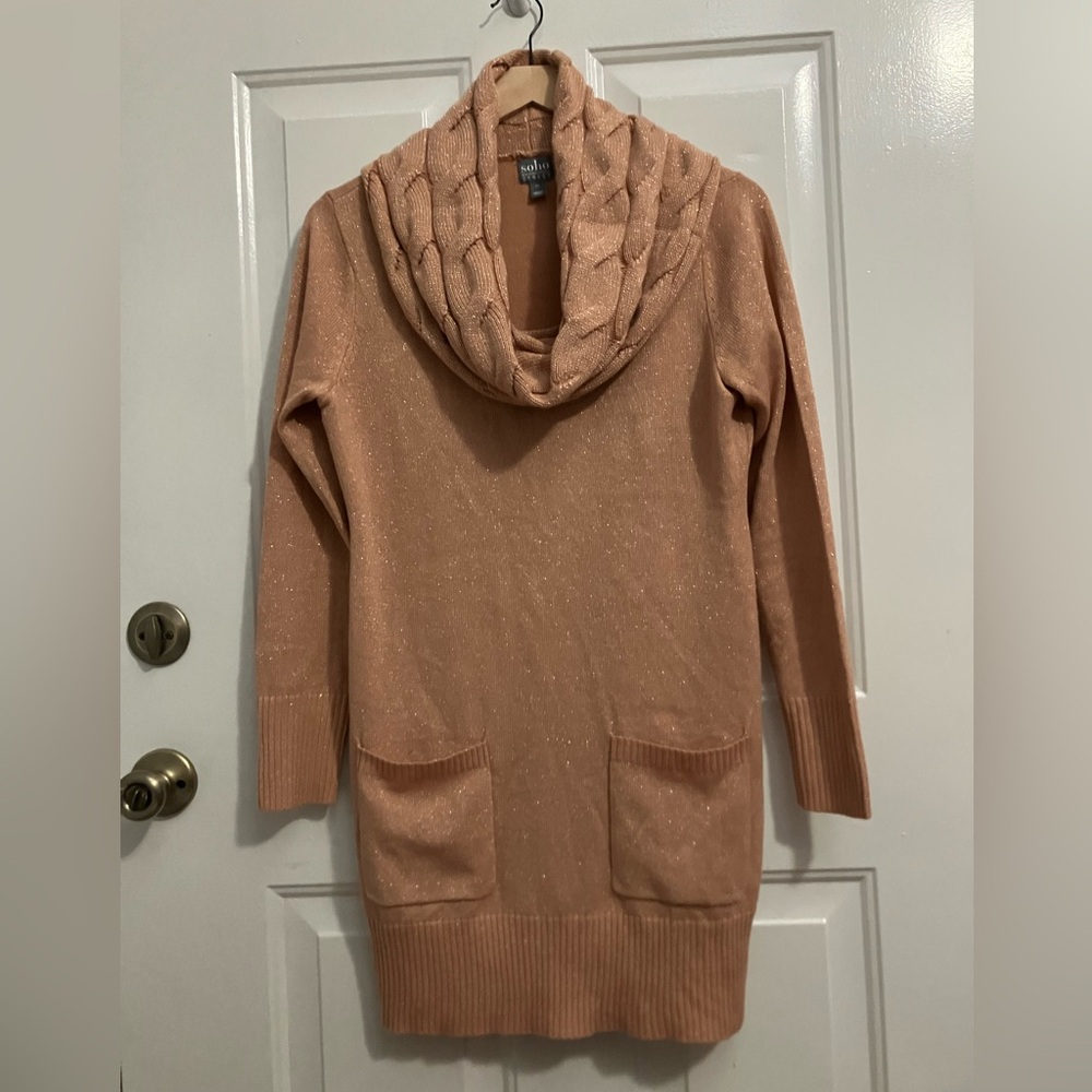 Soho long sleeved cowl neck sweater peach , gold metallic fibers